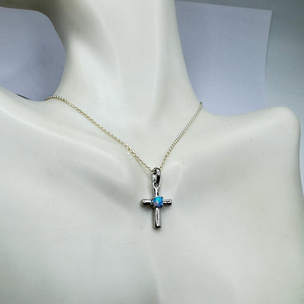 Tiny Fire Opal Cross Necklace - Sterling Silver Minimalist Jewelry