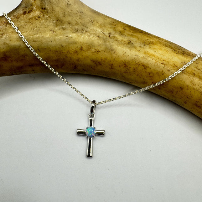 Tiny Fire Opal Cross Necklace - Sterling Silver Minimalist Jewelry