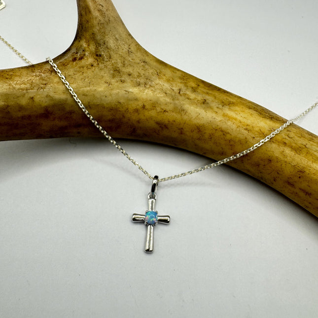 Tiny Fire Opal Cross Necklace - Sterling Silver Minimalist Jewelry