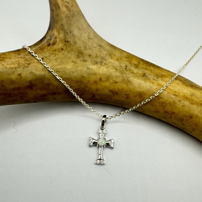 Tiny Fire Opal Cross Necklace - Sterling Silver Minimalist Jewelry