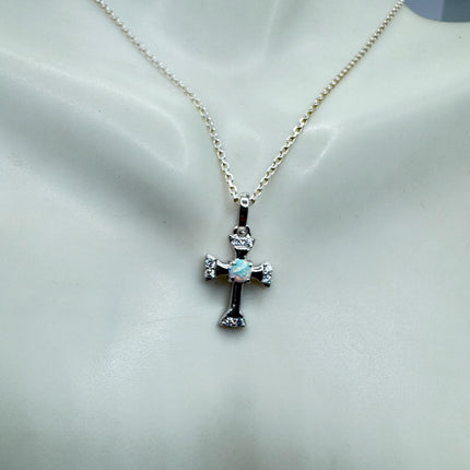 Tiny Fire Opal Cross Necklace - Sterling Silver Minimalist Jewelry