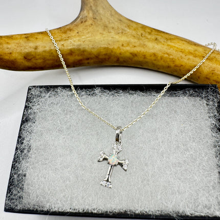 Tiny Fire Opal Cross Necklace - Sterling Silver Minimalist Jewelry