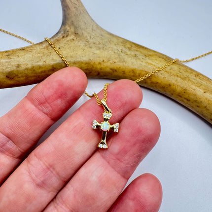 Tiny Fire Opal Cross Necklace - Sterling Silver Minimalist Jewelry