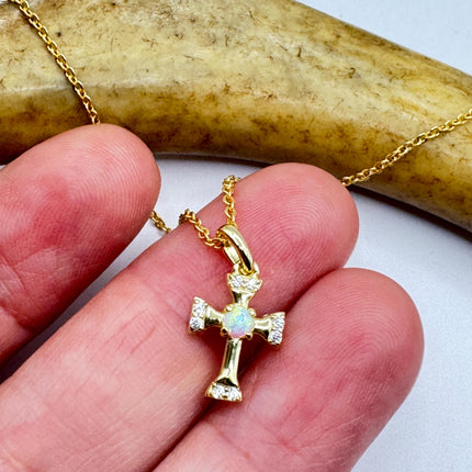 Tiny Fire Opal Cross Necklace - Sterling Silver Minimalist Jewelry