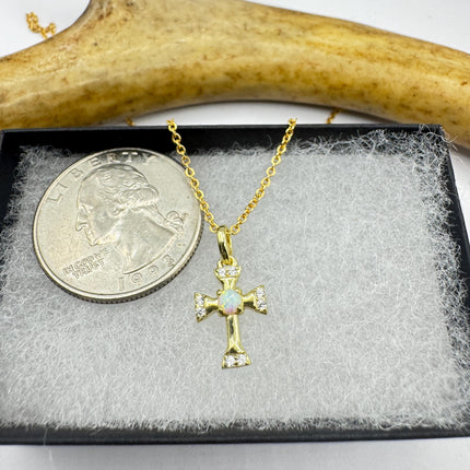Tiny Fire Opal Cross Necklace - Sterling Silver Minimalist Jewelry