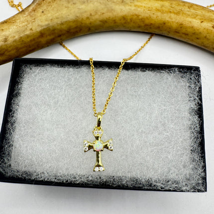 Tiny Fire Opal Cross Necklace - Sterling Silver Minimalist Jewelry