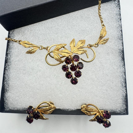 Vintage Purple Amethyst glass Grape Jewelry Set Necklace and Earrings Screw Backs