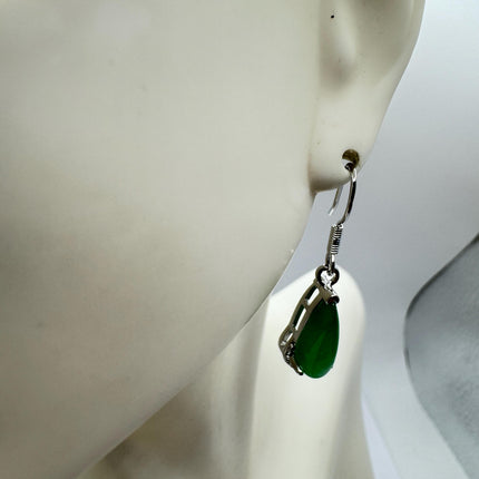 Vintage Green Jade Dangle Lucky Silver Earrings