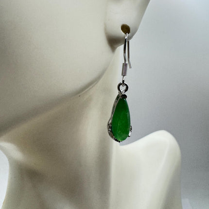 Vintage Green Jade Dangle Lucky Silver Earrings