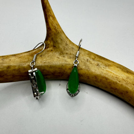 Vintage Green Jade Dangle Lucky Silver Earrings