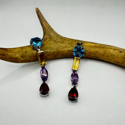 Vintage Sterling Silver Chandelier Earrings | Mixed Gemstones, Amethyst, Blue Topaz, Garnet Citrine