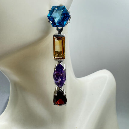 Vintage Sterling Silver Chandelier Earrings | Mixed Gemstones, Amethyst, Blue Topaz, Garnet Citrine