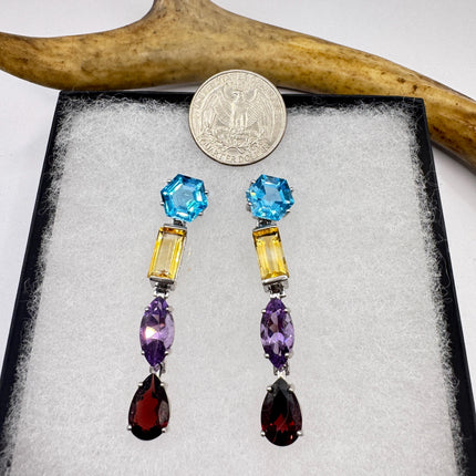 Vintage Sterling Silver Chandelier Earrings | Mixed Gemstones, Amethyst, Blue Topaz, Garnet Citrine