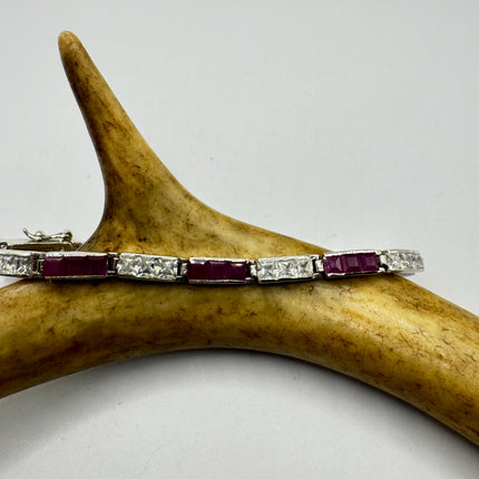 Vintage Pink Ruby and Crystal Tennis Bracelet: 925 Sterling Silver