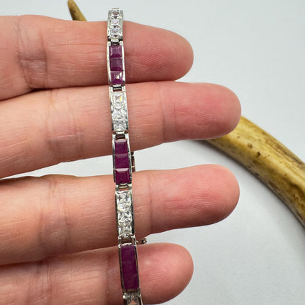 Vintage Pink Ruby and Crystal Tennis Bracelet: 925 Sterling Silver