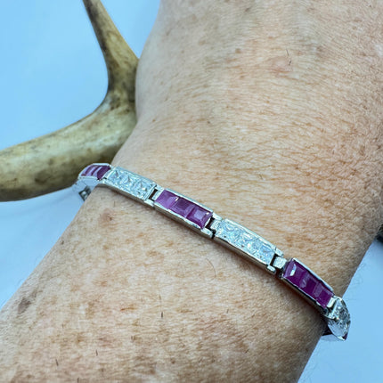 Vintage Pink Ruby and Crystal Tennis Bracelet: 925 Sterling Silver