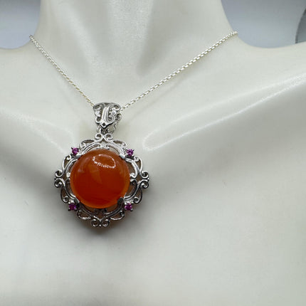 Vintage Red Carnelian and Ruby 925 Sterling Silver Necklace Everyday Bold Statement Pendant