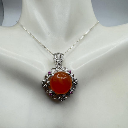 Vintage Red Carnelian and Ruby 925 Sterling Silver Necklace Everyday Bold Statement Pendant