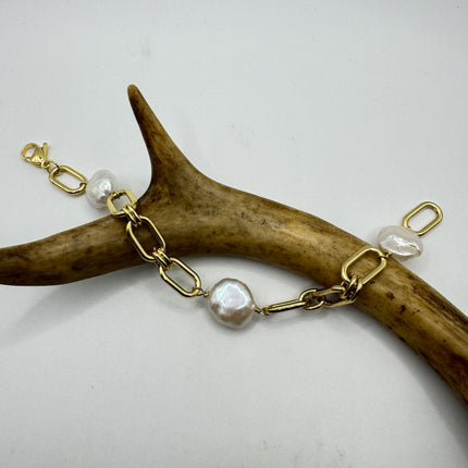 Vintage White Pearl Tennis Bracelet: Gold Rhodium Stacking Chain
