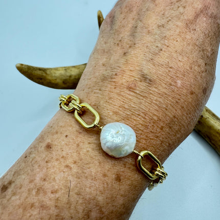 Vintage White Pearl Tennis Bracelet: Gold Rhodium Stacking Chain