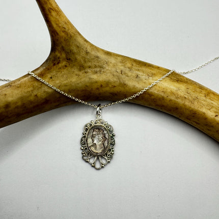 Vintage Abalone Cameo Necklace 925 Sterling Silver