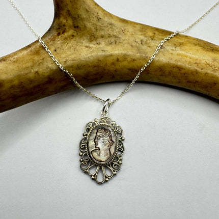 Vintage Abalone Cameo Necklace 925 Sterling Silver
