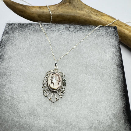 Vintage Abalone Cameo Necklace 925 Sterling Silver