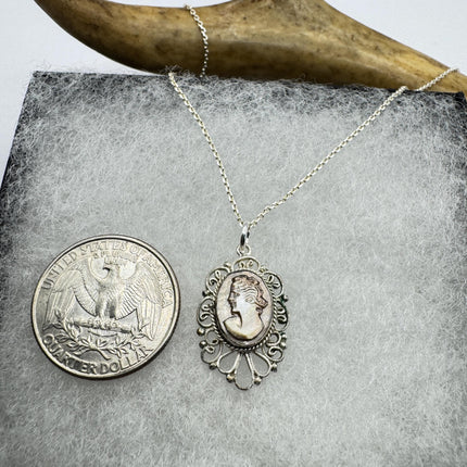 Vintage Abalone Cameo Necklace 925 Sterling Silver