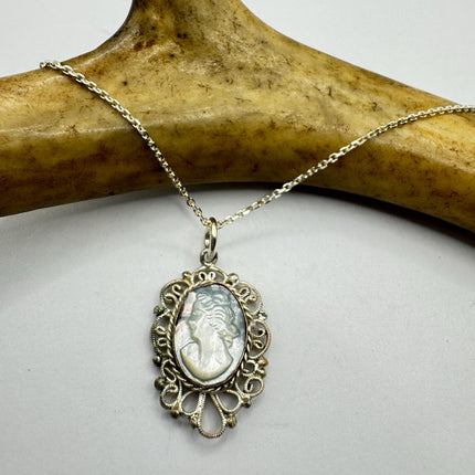 Vintage Abalone Cameo Necklace 925 Sterling Silver