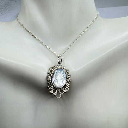 Vintage Abalone Cameo Necklace 925 Sterling Silver