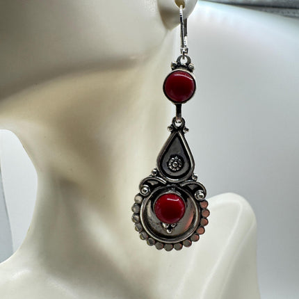 Vintage Red Silver Earrings | 925 sterling Silver Lever Backs
