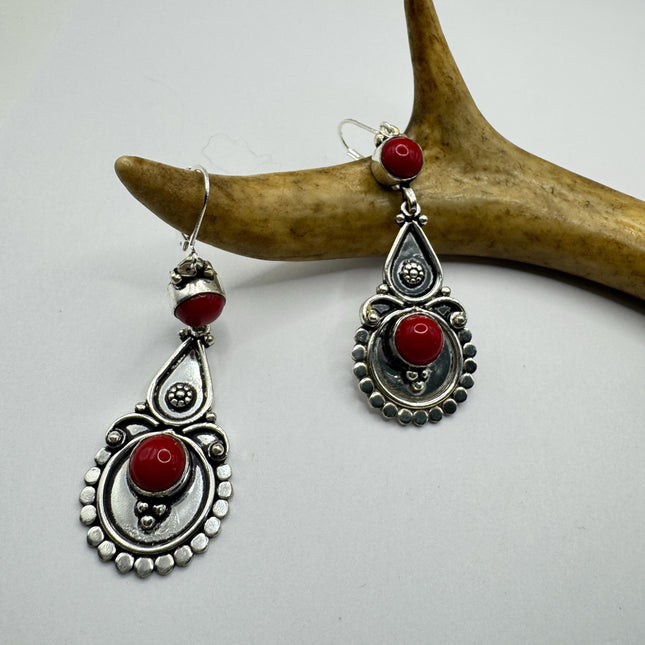 Vintage Red Silver Earrings | 925 sterling Silver Lever Backs