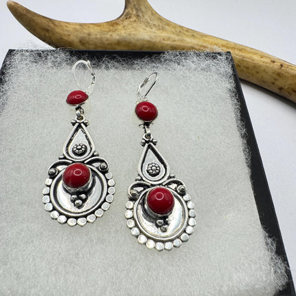 Vintage Red Silver Earrings | 925 sterling Silver Lever Backs