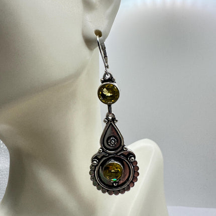 Vintage Silver Earrings, Yellow Citrine Glass Dangles Lever Backs