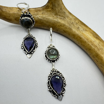 Vintage Labradorite Dangle Earrings Sterling Silver Leverbacks