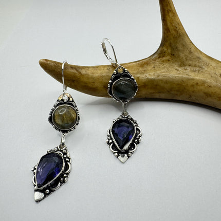 Vintage Labradorite Dangle Earrings Sterling Silver Leverbacks