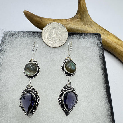 Vintage Labradorite Dangle Earrings Sterling Silver Leverbacks