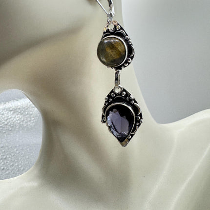 Vintage Labradorite Dangle Earrings Sterling Silver Leverbacks