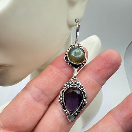 Vintage Labradorite Dangle Earrings Sterling Silver Leverbacks