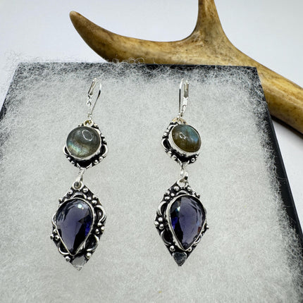 Vintage Labradorite Dangle Earrings Sterling Silver Leverbacks