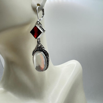 Vintage White Opal Glass Dangle Earrings Sterling Silver Design Statement Leverbacks