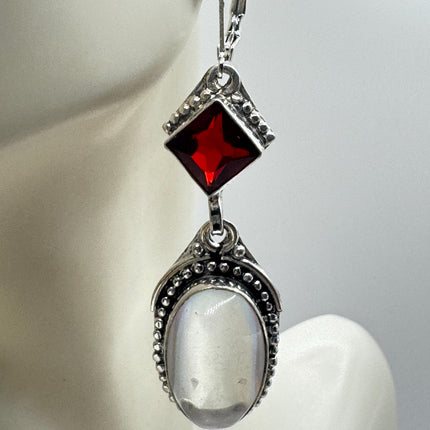 Vintage White Opal Glass Dangle Earrings Sterling Silver Design Statement Leverbacks