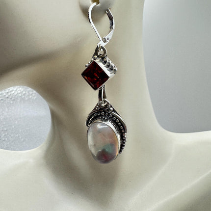 Vintage White Opal Glass Dangle Earrings Sterling Silver Design Statement Leverbacks