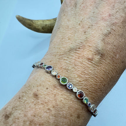 Vintage Mixed Gemstone Tennis Bracelet | Sterling Silver, Citrine, Amethyst, Peridot, Garnet