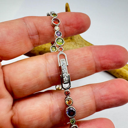 Vintage Mixed Gemstone Tennis Bracelet | Sterling Silver, Citrine, Amethyst, Peridot, Garnet