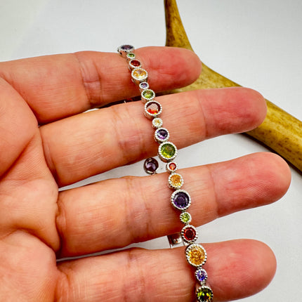 Vintage Mixed Gemstone Tennis Bracelet | Sterling Silver, Citrine, Amethyst, Peridot, Garnet