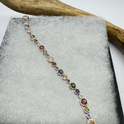 Vintage Mixed Gemstone Tennis Bracelet | Sterling Silver, Citrine, Amethyst, Peridot, Garnet