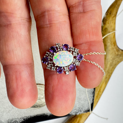 Vintage White Fire Opal Blue Iolite Pendant Necklace: 925 Sterling Silver Chain