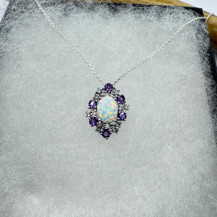 Vintage White Fire Opal Blue Iolite Pendant Necklace: 925 Sterling Silver Chain