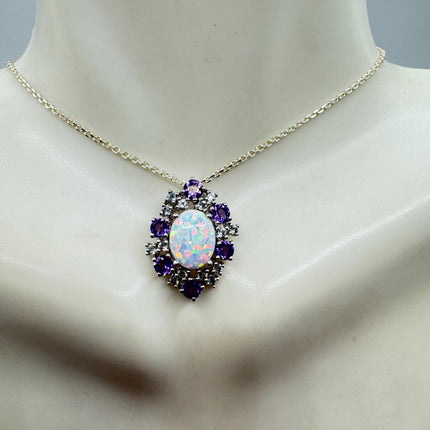 Vintage White Fire Opal Blue Iolite Pendant Necklace: 925 Sterling Silver Chain